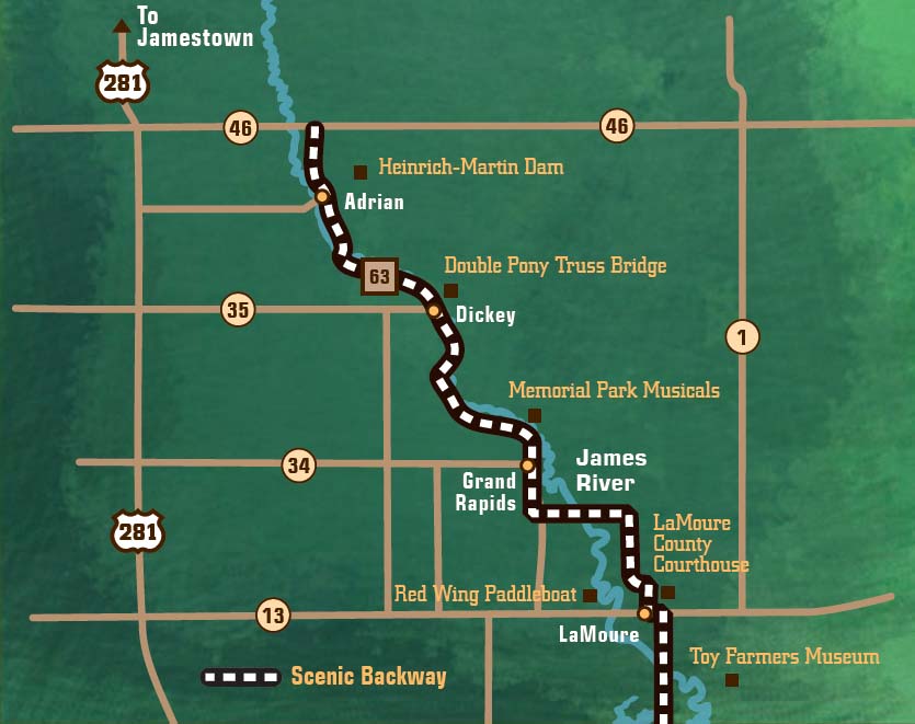 Map of the Chan SanSan Scenic Backway route along the James River Valley in LaMoure County