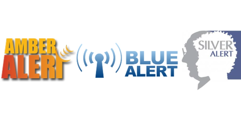North Dakota public alert types — Amber, Blue, and Silver Alert graphics