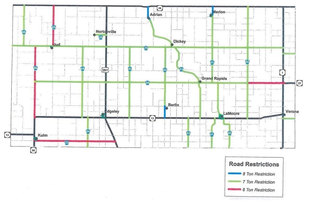 Spring Load Restrictions for LaMoure County, ND. Map of 8 Ton Restriction, 7 Ton Restriction, and 6 Ton Restriction.
