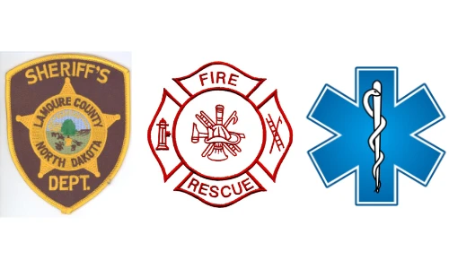 LaMoure County Sheriff badge, Fire Rescue logo, Emergency Medical Services logo