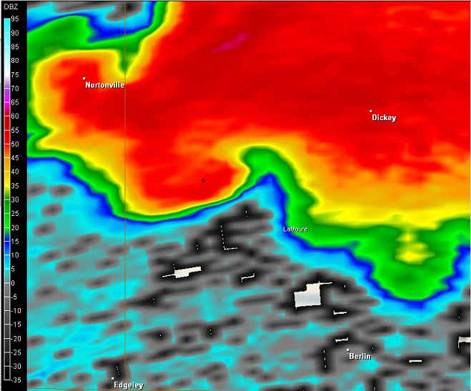 Radar reflectivity image near time of initial tornado touchdown