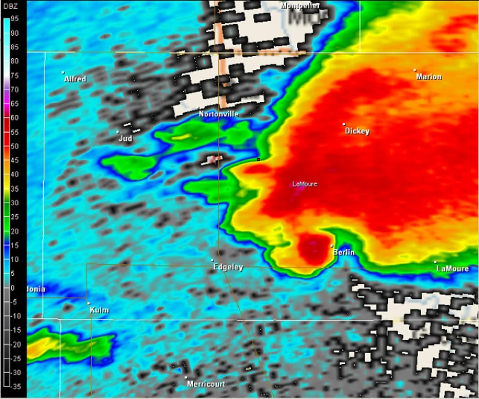Radar velocity image near time of initial tornado touchdown