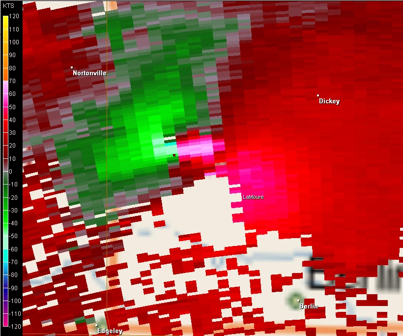 Radar reflectivity image as tornado tracked west of Berlin