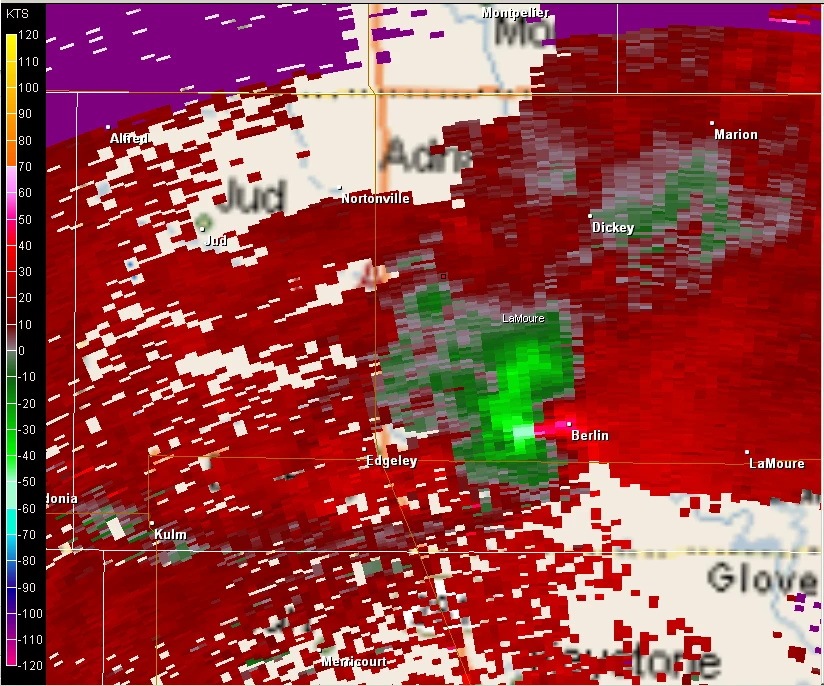 Radar velocity image as tornado tracked west of Berlin