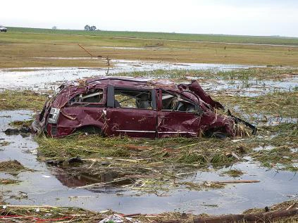 Tornado damage to vehicle